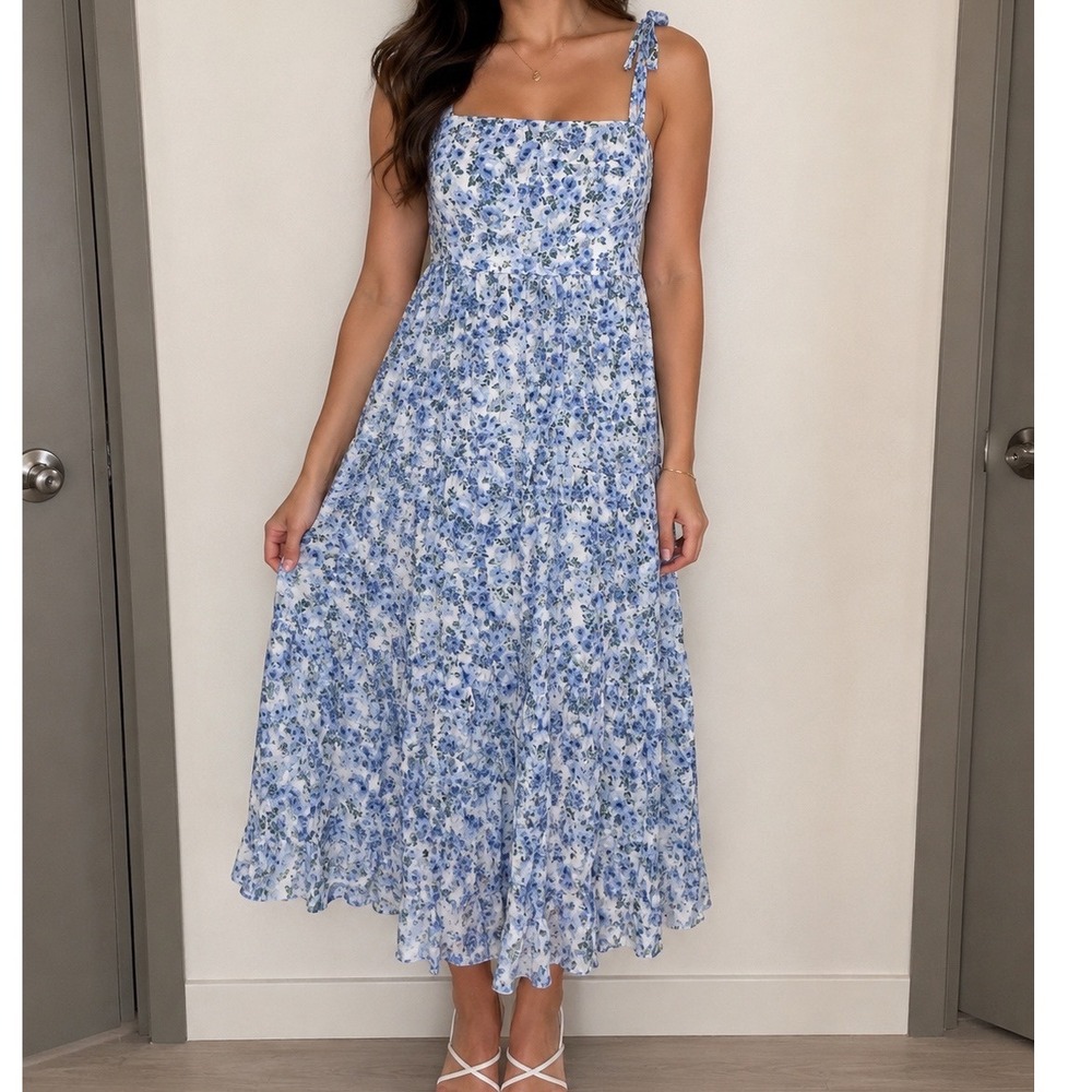 By the River Blue Floral Tiered Midi Dress Tie Shoulder Smocked Back Small AA